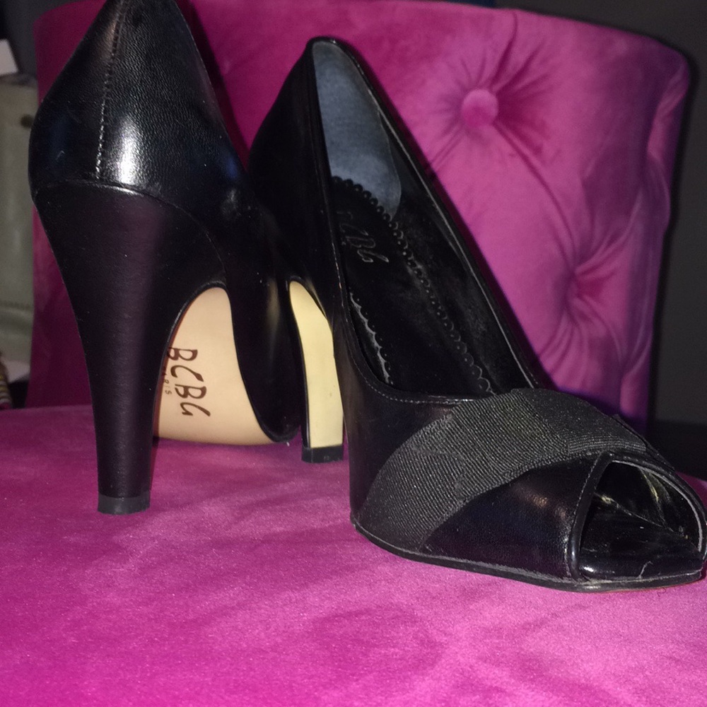BCBG peep toe leather pumps